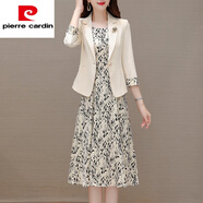 皮爾卡丹（pierre cardin）小西裝背心套裝連衣裙女2025春秋新款氣質(zhì)顯瘦碎花裙子 杏色 (兩件套) M