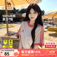 駱駝純棉T恤女2025春夏休閑簡約三條杠微寬松純棉短袖上衣男 N056A，無際白/櫻桃粉 ，中性【微寬版】 M