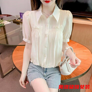 奧洛黛婭短袖雪紡襯衫女新款夏季顯瘦遮肚子小衫洋氣減齡上衣百搭 杏色 XL 建議120-130斤
