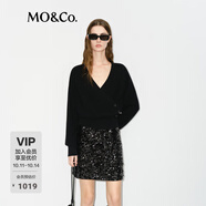 MO&Co.毛衣美麗諾綿羊毛山羊絨解構斜襟V領短款針織開衫摩安珂 黑色 XS
