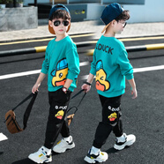 迪士尼（Disney）童裝男童春秋款衛(wèi)衣套裝2024新款兒童秋裝小黃鴨男孩運(yùn)動(dòng)衣服洋氣 湖綠色小黃鴨套裝針織棉 110適合身高105左右