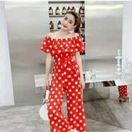 嫻槐網(wǎng)紅一字肩波點(diǎn)雪紡連體褲短褲套裝女夏韓版連衣闊腿褲高腰顯瘦潮 長(cháng)款紅色【網(wǎng)紅/波點(diǎn)】 S