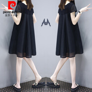 皮爾卡丹（pierre cardin）大碼女裝2024夏季新款韓版寬松歐根紗A字顯瘦減齡遮肚子V領(lǐng)連衣裙 黑色 2XL