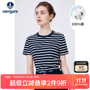 Navigare意大利小帆船女休閑圓領(lǐng)短T全棉條紋短袖T恤2325504503 藍(lán)/白 L 