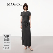 MO&Co.連衣裙春夏彈力莫代爾精裁短袖正肩捏褶收腰設計感長(cháng)裙摩安珂 深花灰色 S 160