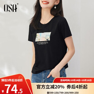 歐莎（OSA）白色短款T恤女士夏季新款衣服短袖印花顯瘦正肩上衣體恤修身 黑色 L
