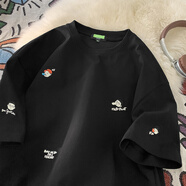 胖胖到家300g重磅刺繡t恤男款夏季三本針小領(lǐng)口寬松青少年情侶半截袖體恤 黑色 xl 125-145斤