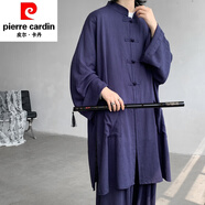 皮爾卡丹夏季長(cháng)款防曬外套漢服男裝長(cháng)衫居士服道袍長(cháng)袍亞麻禪意素衣套裝 藏青色長(cháng)款亞麻道袍 M (約95至115斤可穿)