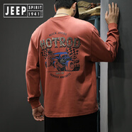 JEEP SPIRIT吉普高端潮牌款印花長(zhǎng)袖t恤男寬松大碼春季純棉重磅體恤打底衫衛(wèi) 朱砂紅 4XL 適合體重205-225斤