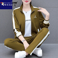 啄木鳥(niǎo)純棉休閑運動(dòng)套裝女衛衣女春秋季2025年新款棉質(zhì)外套秋裝三件套 橄欖綠6878 3XL(建議140-154斤)