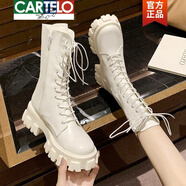 卡帝樂鱷魚（CARTELO）厚底馬丁靴女英倫風(fēng)內(nèi)增高小個(gè)子中筒單靴子冬季加絨白色短靴子女 白色單里5cm 35