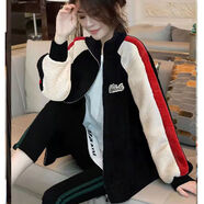 AEMAPE黑色拼接仿羊羔毛短外套女加厚加絨棒球服秋冬2025年新款保暖女裝 黑色 加厚 3XL 【建議136-145】