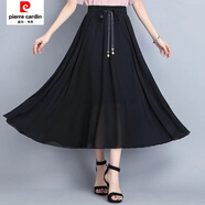 皮爾卡丹（pierre cardin）雪紡半身裙中長(cháng)款女夏韓版復古印花跳舞仙女裙高腰大碼沙灘長(cháng)裙女 668【純黑色帶腰帶裙長(cháng)80】 均碼 建議85-150斤