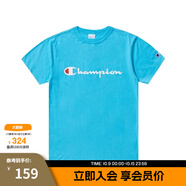 Champion夏季經(jīng)典款印花草寫(xiě)LOGO圓領(lǐng)休閑運動(dòng)T恤無(wú)性別冠軍短袖男女情侶 湖藍色 M