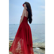 YIOU海邊度假修身收腰連衣裙女顯瘦三亞度假甜美飄逸不規(guī)則沙灘裙7024 酒紅色 L