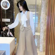 鳶諾時(shí)尚三件套裙女2025春季新款顯瘦飄帶襯衫+短馬甲+半身裙 襯衫+卡其色短馬甲+半身裙 【三 XXS