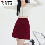 啄木鳥（TUCANO）新品毛呢半身裙子女裝秋冬季新款a字短裙高腰小個(gè)子包臀春秋款 紅色 M