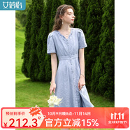 艾蓓怡（I BELIEVE YOU）法式茶歇純棉藍(lán)色繡花V領(lǐng)泡泡短袖連衣裙子女夏季新款a字修身顯瘦 霧霾藍(lán) M