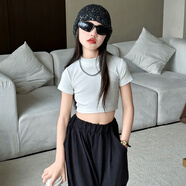 細(xì)仔碼頭兒童裝女童冰絲哈倫褲夏季薄款中大童女孩洋氣休閑燈籠褲韓版甜酷 白色套裝（中領(lǐng)白T+黑色褲子） 160