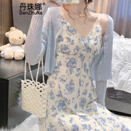 丹珠娜新款連衣裙女裝茶歇法式桔梗長(cháng)裙子溫柔風(fēng)藍色雪紡碎花吊帶裙子女 6209藍色開(kāi)衫+吊帶裙 L