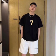 陌汀簡(jiǎn)約風(fēng)數字印花夏季純棉短袖男士百搭寬松圓領(lǐng)T恤休閑半袖體恤衫 黑T 4703 S