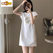 初徑中長(cháng)款純棉短袖t恤裙女新中式國風(fēng)連衣裙夏季休閑顯瘦小個(gè)子裙子 白色 2XL 130-135斤左右