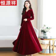 恒源祥金絲絨連衣裙洋氣長(cháng)袖2026秋冬款V領(lǐng)收腰顯瘦遮肚氣質(zhì)大擺長(cháng)裙女 5305酒紅色(V領(lǐng)款) M (100-110斤)