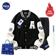 NASA LIKE官方外套春秋季毛巾繡棒球服男女美式字母飛行員夾克街頭潮流工裝 黑色+1535加厚黑色 加絨 6XL （建議200-230斤）