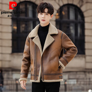 皮爾卡丹（pierre cardin）冬季潮流帥氣加絨加厚皮毛一體麂皮絨羊羔毛機車(chē)皮衣皮夾克外套男 深棕色 M
