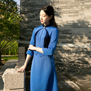 木真了長(cháng)袖連衣裙修身顯瘦鑲鉆女士A擺立領(lǐng)假兩件旗袍裙102 10藍色 M