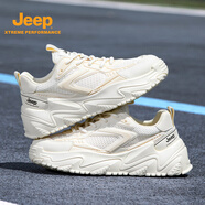 Jeep吉普男鞋2024夏季新款網(wǎng)面透氣情侶運(yùn)動跑步鞋厚底增高休閑鞋子男 米白色(男款39-45碼) 35