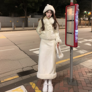 索宛亦（SUOWANYI）小香風富家千金套裝女秋冬設計感毛絨拼接外套流蘇邊套裝裙兩件套 外套+裙子 M