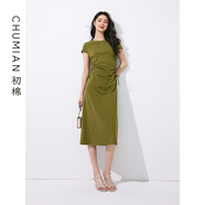 初棉腰部抽褶合體T恤連衣裙女 24夏季萊卡彈力中長(cháng)裙子收腹顯瘦 橄欖綠 S