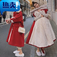 LANWEIFEILEI冬季紅色中長(zhǎng)款呢料外套女冬季新款加絨加厚毛絨高腰綁帶大衣 7895紅色 【加絨】 加厚 M 建議80-斤