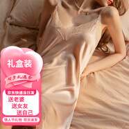 KJ品牌睡衣女冰絲睡裙性感蕾絲吊帶純欲睡裙睡袍套裝送女友閨蜜禮物 香檳色【單件睡裙】 M （建議95-110斤）