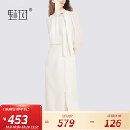 魅斑法式飄帶財(cái)閥千金風(fēng)連衣裙女2025春季新款開(kāi)叉連身裙一步裙女 米白色 L