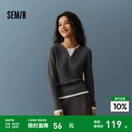 森馬（Semir）毛衣女短款假兩件含羊毛針織衫2024冬季新款修身保暖軟糯v領內(nèi)搭 白灰色調(diào)00412 XL /170/92A