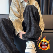 晗鯊扎染燈芯絨褲子男秋季美式休閑褲男秋冬加絨直筒闊腿運動(dòng)衛褲長(cháng)褲 黑色加絨 XL （120-140斤）