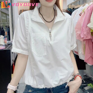 VOYDOVE薄款短袖襯衣拉鏈翻領(lǐng)收腰襯衫2025夏季新款短款娃娃衫寬松上衣女 白色 M 建議95-110斤