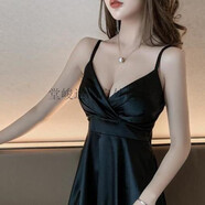 糜嵐（MieLanat）性感低胸深V吊帶連衣裙夜場(chǎng)夜總會(huì)服裝露胸夜店女裝短裙 黑色 XL 115-125
