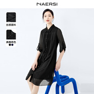 娜爾思（NAERSI）壓褶直筒寬松通勤顯瘦雪紡連衣裙新款襯衫裙 黑色 38/M