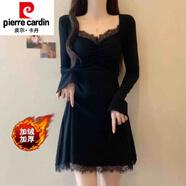 皮爾卡丹（pierre cardin）黑色法式蕾絲拼接加絨加厚連衣裙冬天大號胖m顯瘦裙子內搭打底裙 黑色連衣裙 M (80-100斤)【設計感小眾/冷淡