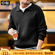 馬登工裝 美式復(fù)古翻領(lǐng)針織衫豎織坑條polo衫慵懶套頭毛衣男秋季 黑色 S