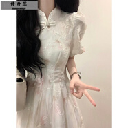 詩(shī)丹蕊中式國(guó)風(fēng)改良旗袍提花連衣裙子女學(xué)生2024夏季新款泡泡袖碎花長(zhǎng)裙 連衣裙 均碼【可備注碼數(shù)】