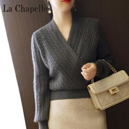 拉夏貝爾（La Chapelle）法式輕奢絞花秋冬加厚毛衣V領(lǐng)交叉氣質(zhì)打底針織衫女外穿上衣洋氣 純100自動(dòng)發(fā)熱深灰色 純100自動(dòng)發(fā)熱L 【建議105-115斤】