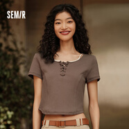 森馬短袖女24年短款緊身假兩件胸口綁帶甜美上衣圓領(lǐng)顯瘦打底衫 咖啡50892 155/80A/S