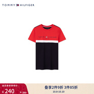 TOMMY HILFIGER春夏童裝男純棉經(jīng)典字母休閑運動(dòng)撞色圓領(lǐng)內搭短袖T恤上衣 紅藏青拼色002 140 10/140cm