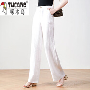 啄木鳥(niǎo)亞麻闊腿褲女夏季薄款2024休閑文藝寬松棉麻褲女垂感高腰直筒長(cháng)褲 白色 L 110-120斤