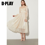 DPLAY2025春季歐根紗連衣裙杏色紗裙仙女裙方領(lǐng)緞面長(zhǎng)裙沙灘裙 奶油杏 L