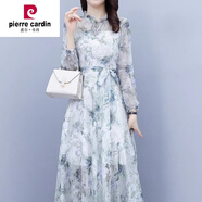 皮爾卡丹（pierre cardin）精致碎花雪紡連衣裙2024新款女春秋媽I媽氣質(zhì)長(cháng)裙名媛仙女裙子 藍色 2XL 125-135斤